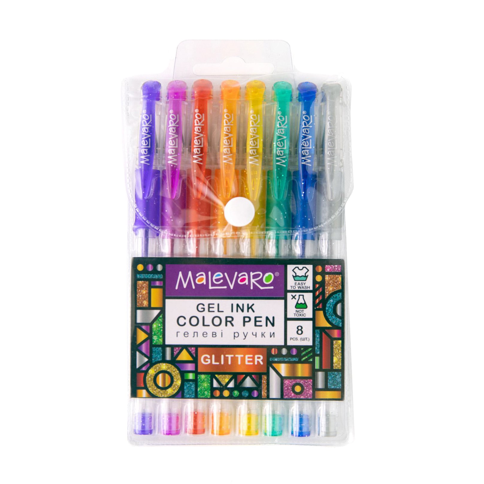 Набір гелевих ручок Malevaro Glitter з блискітками, 0.5 мм, 8 кольорів (ML760165)